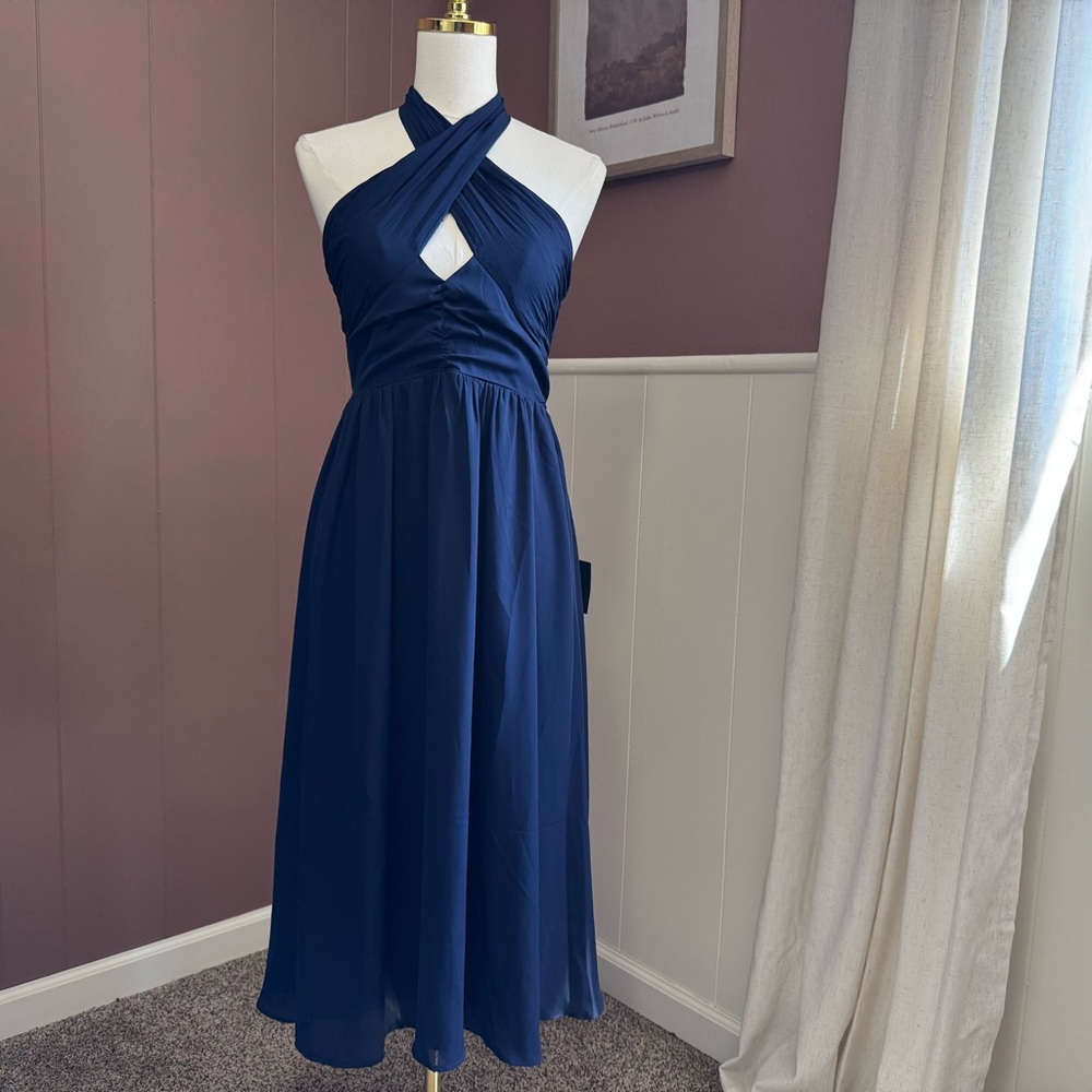 NWT Lulus Chiffon Halter Navy Blue Midi Dress